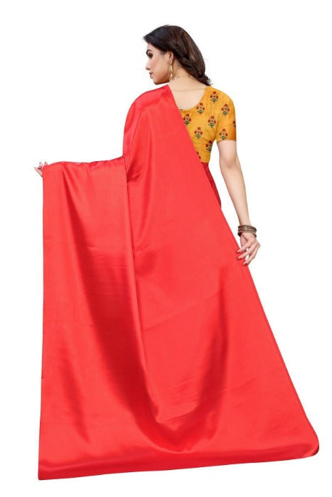 Vamika Plain Red Satin Saree (SATIN GLORY RED) | Grab2Buy
