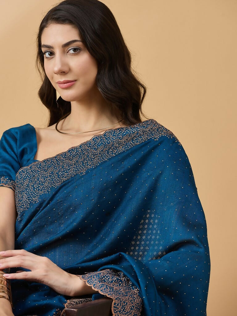 Blue Silk Blend Embroidered Saree with Unstitched Blouse - Vairagi | Grab2Buy