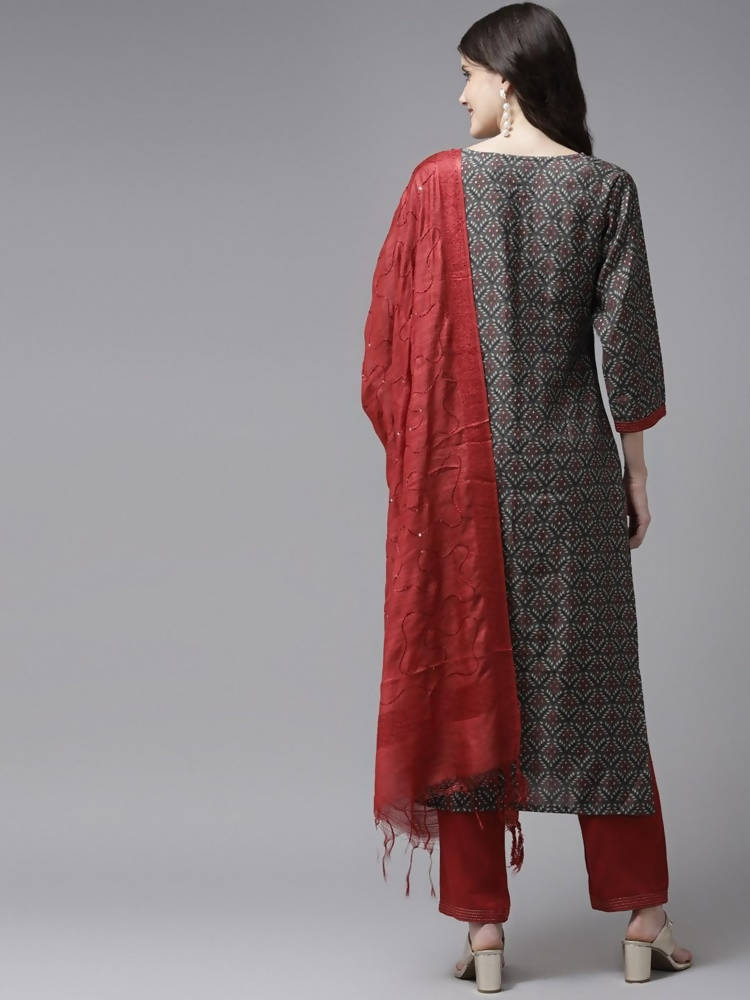 Yufta Women Grey Ethnic Motifs Printed Regular Sequinned Pure Cotton Kurta with Palazzo & With Dupatta | Grab2Buy