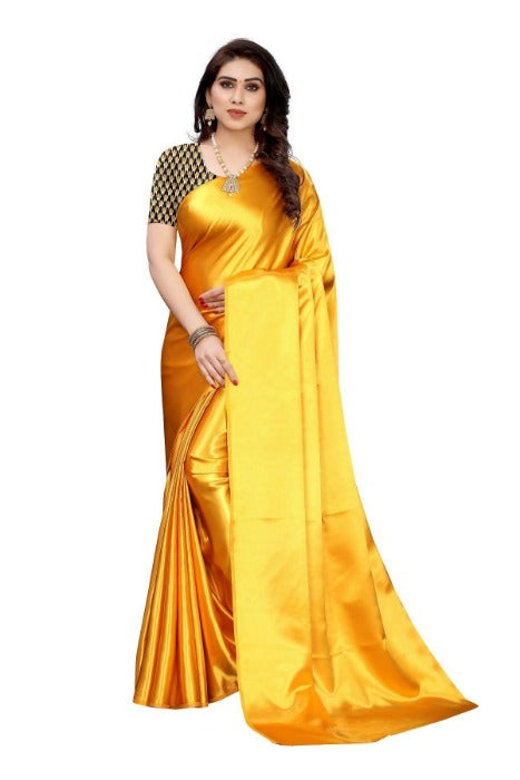 Vamika Plain Yellow Satin Saree (SATIN GLORY Yellow) | Grab2Buy