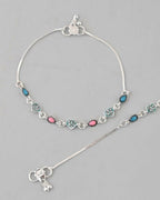 VOJ Set of 2 Silver Plated Heart Shaped Meenakari Anklet