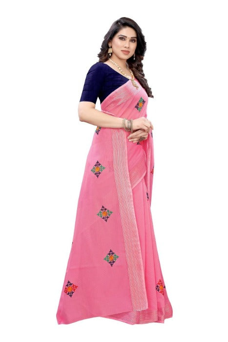 Vamika Chanderi Cotton Embroidery Pink Saree (Dixa Pink) | Grab2Buy