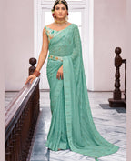 Sea Green Georgette Swaroski Work Saree With Unstitched Blouse Piece - Juhi | Grab2Buy