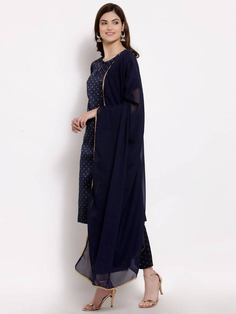 Myshka Women's Dark Blue Silk Blend Half Sleeve Round Neck Printed Casual Kurta Pant Dupatta Set | Grab2Buy