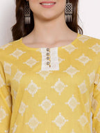 Myshka Women's Yellow Cotton 3/4 Sleeve Round Neck Printed Casual Lehenga Choli Set | Grab2Buy