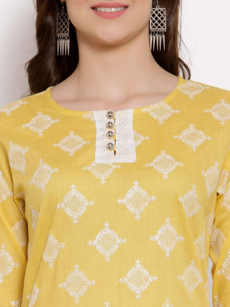 Myshka Women's Yellow Cotton 3/4 Sleeve Round Neck Printed Casual Lehenga Choli Set | Grab2Buy