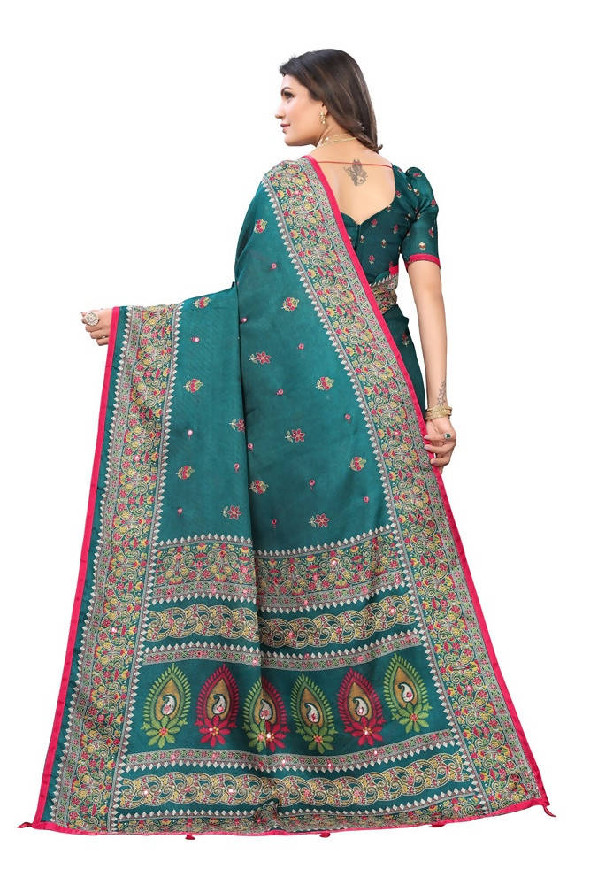 Vamika Rama Green Jute Silk Mirror Work Saree | Grab2Buy