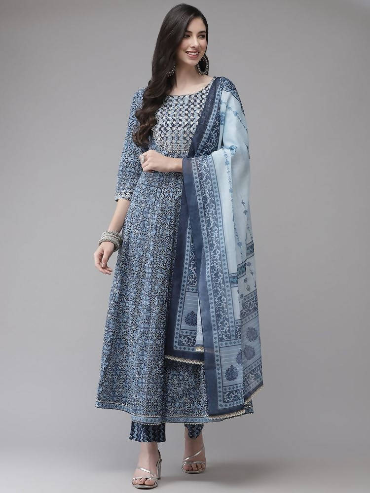 Yufta Women Blue Floral Yoke Design Angrakha Pure Cotton Kurta with Trouser With Dupatta | Grab2Buy