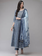 Yufta Women Blue Floral Yoke Design Angrakha Pure Cotton Kurta with Trouser With Dupatta | Grab2Buy
