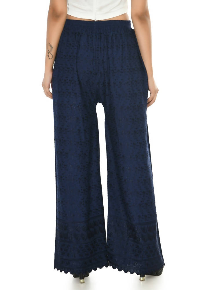 Mominos Fashion Moeza Reyon Cotton Navy Blue Chikan Work Palazzo | Grab2Buy