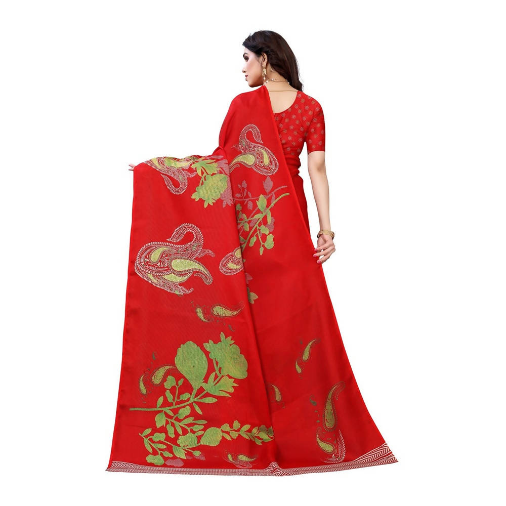 Vamika Printed Jute Silk Red Saree (Leo Red) | Grab2Buy