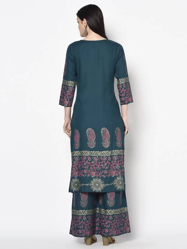 Aniyah Rayon Teal Blue Color Block Print Straight Kurta (AN-224K) | Grab2Buy