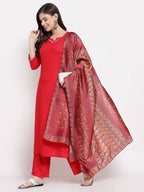 Myshka Women's Latest Red Cotton Solid 3/4 Sleeve Square Neck Casual Kurta Pant Dupatta Set | Grab2Buy