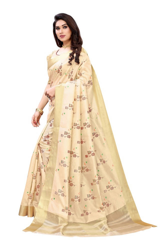 Vamika Cream Color Cotton Polyester Silk Weaving Saree | Grab2Buy