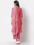 Myshka Women's Cotton Printed 3/4 Sleeve Round Neck Casual Pink Kurta Pant Dupatta Set | Grab2Buy