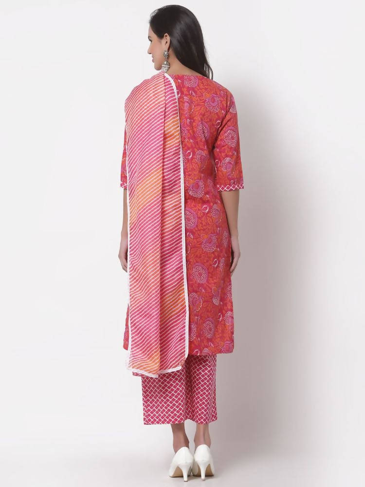 Myshka Women's Cotton Printed 3/4 Sleeve Round Neck Casual Pink Kurta Pant Dupatta Set | Grab2Buy