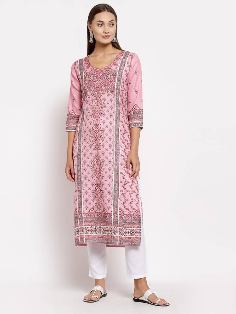 Myshka Women's Multi Pashmeena Printed 3/4 Sleeve Round Neck Casual Winter Kurta | Grab2Buy