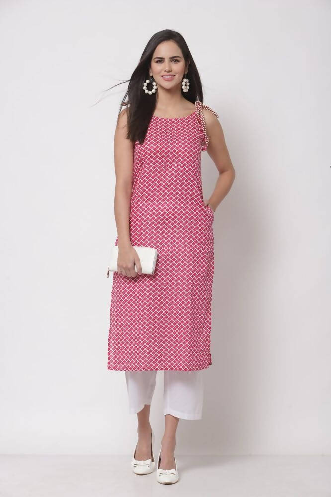 Myshka Women's Pink Printed Sleeveless Cotton Round Neck Dress | Grab2Buy