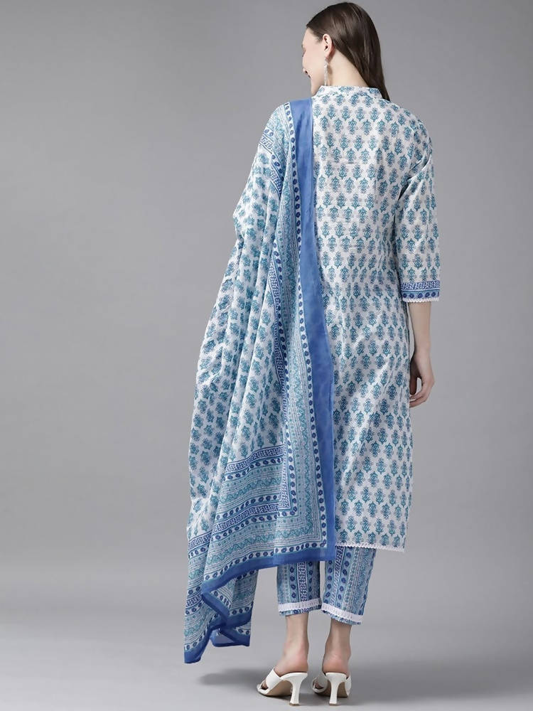 Yufta Women White & Blue Ethnic Hand Block Print Pure Cotton Kurta with Trouser & Dupatta | Grab2Buy