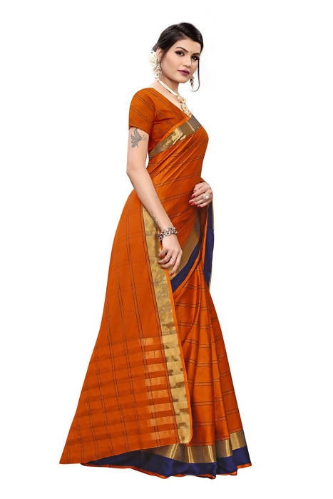Vamika Orange Cotton Silk Weaving Saree (Rimi Checks Orange) | Grab2Buy
