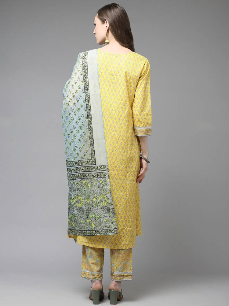 Yufta Yellow and Blue printed kurta with Trouser and Dupatta | Grab2Buy
