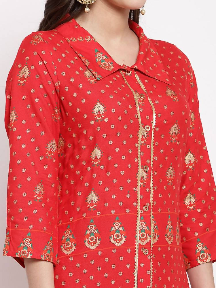 Myshka Women's Red Cotton Printed 3/4 Sleeve Collar Neck Casual Anarkali Kurta | Grab2Buy