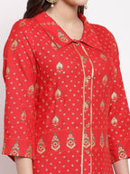 Myshka Women's Red Cotton Printed 3/4 Sleeve Collar Neck Casual Anarkali Kurta | Grab2Buy