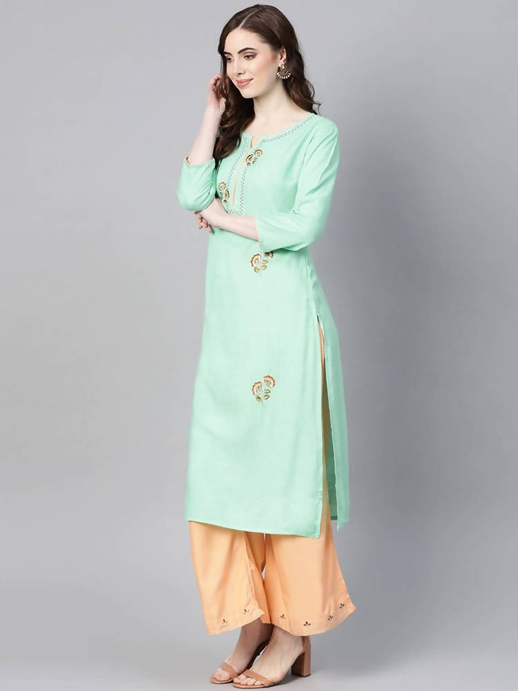 Yufta Women Sea Green & Peach Embroidered Kurta with Palazzo | Grab2Buy