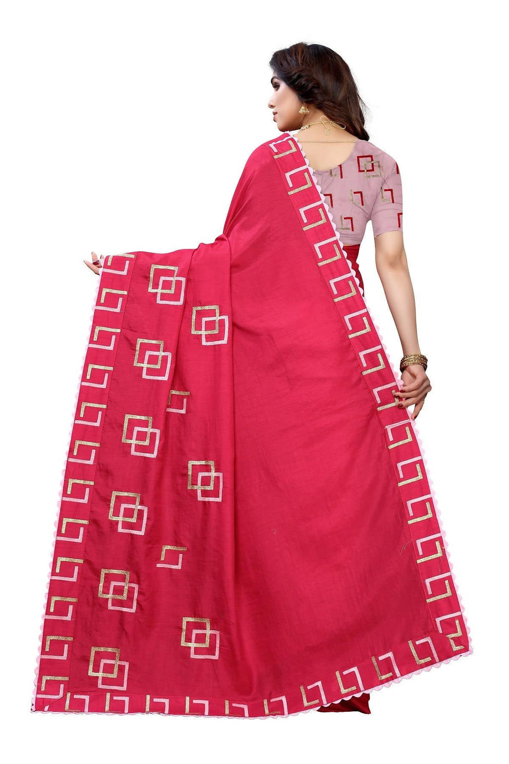 Vamika Red Dola Silk Embroidery Saree (MESHVI PINK) | Grab2Buy