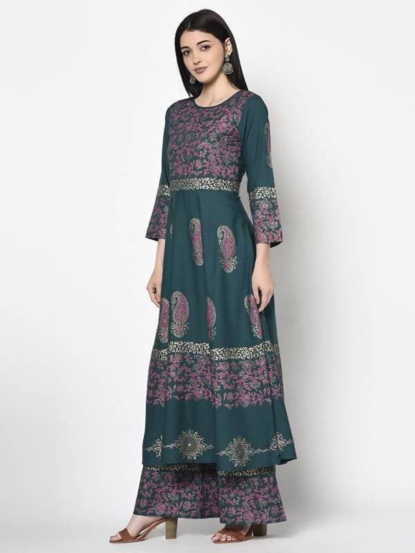 Aniyah Rayon Teal Blue Color Block Print Anarkali Palazzo Set (AN-220K) | Grab2Buy