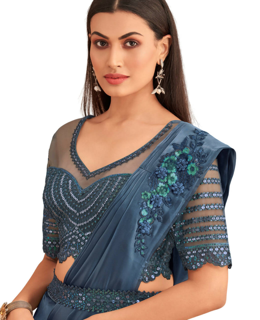 Navy Blue Satin Embroidered Ready To Wear Saree With Unstitched Blouse Piece - Nandika | Grab2Buy