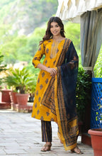 Yufta Women Mustard Yellow & Navy Blue Printed Kurta with Trouser and Dupatta | Grab2Buy