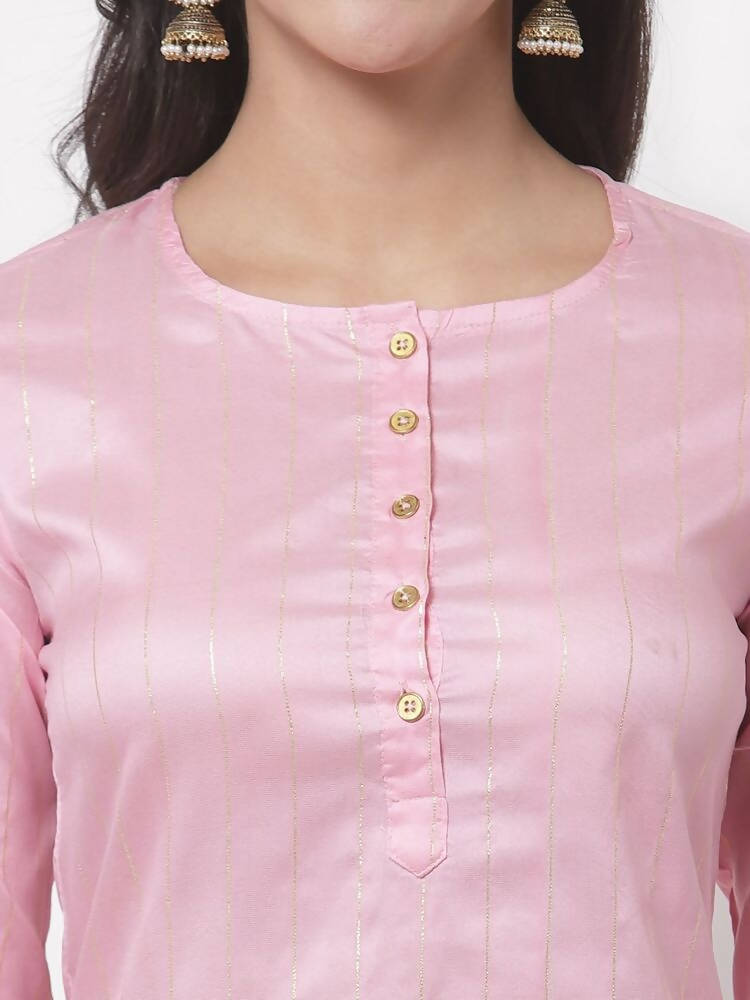 Myshka Women's Cotton 3/4 Sleeve Round Neck Casual Pink Kurta Pant Dupatta Set | Grab2Buy
