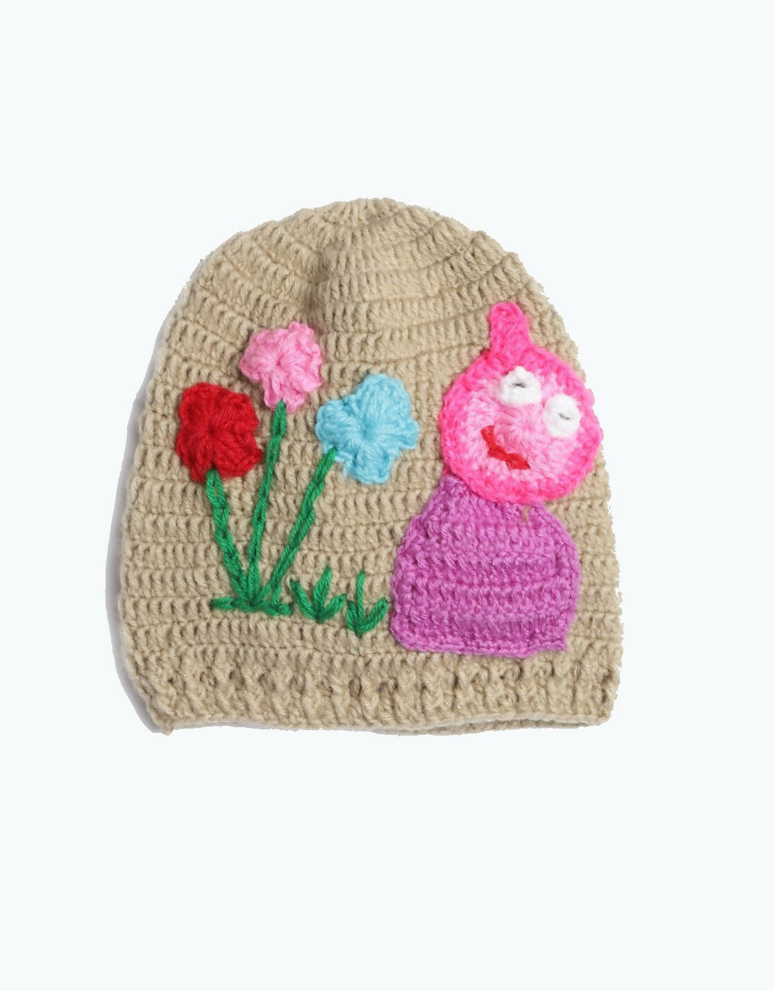 Chutput Kids Woollen Hand Knitted Flower And Animal Detail Cap - Beige | Grab2Buy