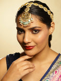 Gold-Polished White Blue Kundan-Studded Pearl Beaded Matha Patti - Ruby Raang | Grab2Buy