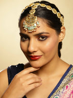 Gold-Polished White Blue Kundan-Studded Pearl Beaded Matha Patti - Ruby Raang | Grab2Buy