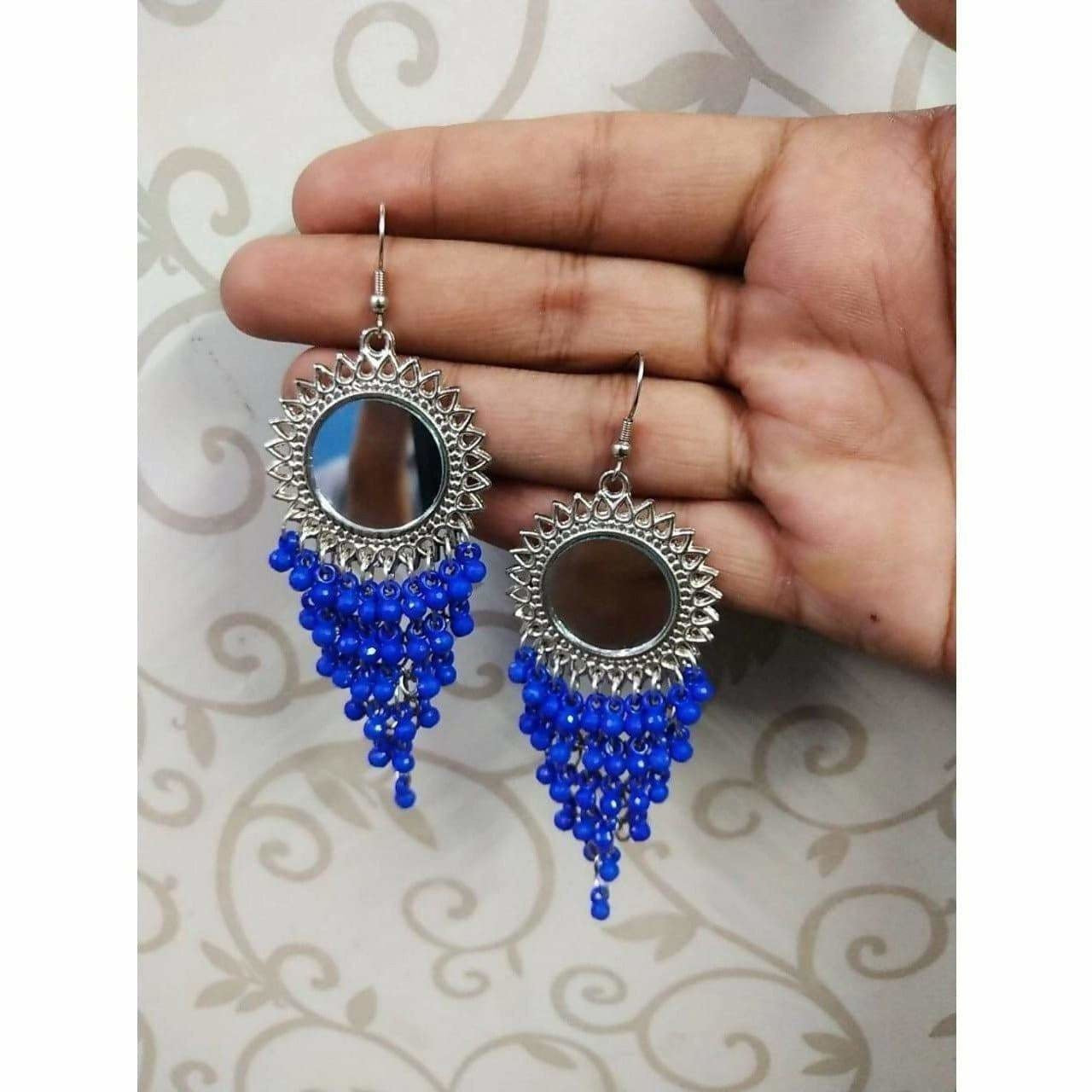 MS Fashion India Round Mirror Silver Color Design Hanging Blue Pearls Earrings | Grab2Buy