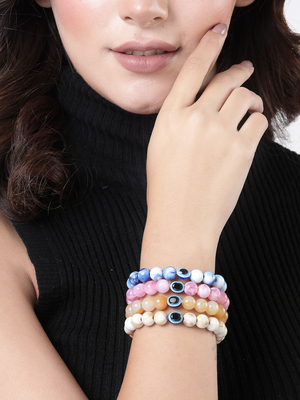 NVR Men & Women Set of 4 Artificial Beads-Beaded Evil Eye Elasticated Bracelet | Grab2Buy