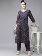 Yufta Women Navy Blue & Pink Ethnic Motifs Printed Pure Cotton Kurta with Trouser | Grab2Buy