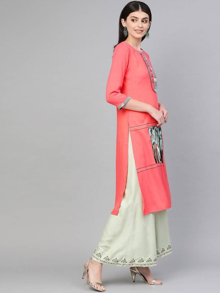 Yufta Women Pink Quirky Embroidered Straight Kurta | Grab2Buy