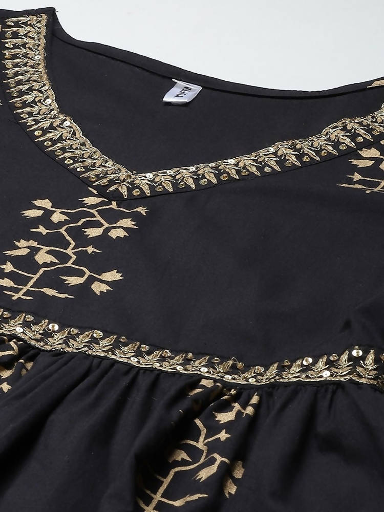 Yufta Women Black Printed Kurta with Sharara & With Dupatta | Grab2Buy