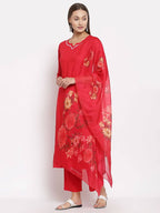 Myshka Women's Red Cotton Solid 3/4 Sleeve Square Neck Casual Kurta Pant Dupatta Set | Grab2Buy