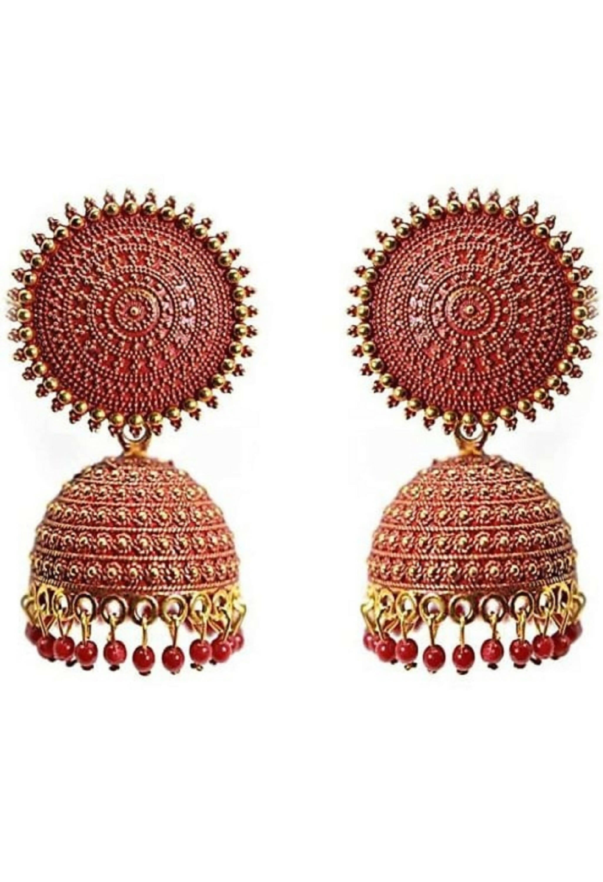 Mominos Fashion Joharkamal Gold-Polished Meenakari Jhumkas For Women & Girls (Red) | Grab2Buy