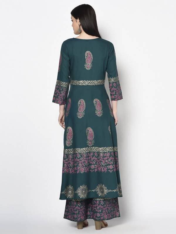 Aniyah Rayon Teal Blue Color Block Print Anarkali Palazzo Set (AN-220K) | Grab2Buy