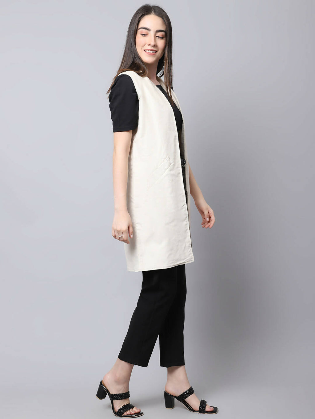 Even Apparels White Polywool Open Front Corduroy Women's Long Coat | Grab2Buy