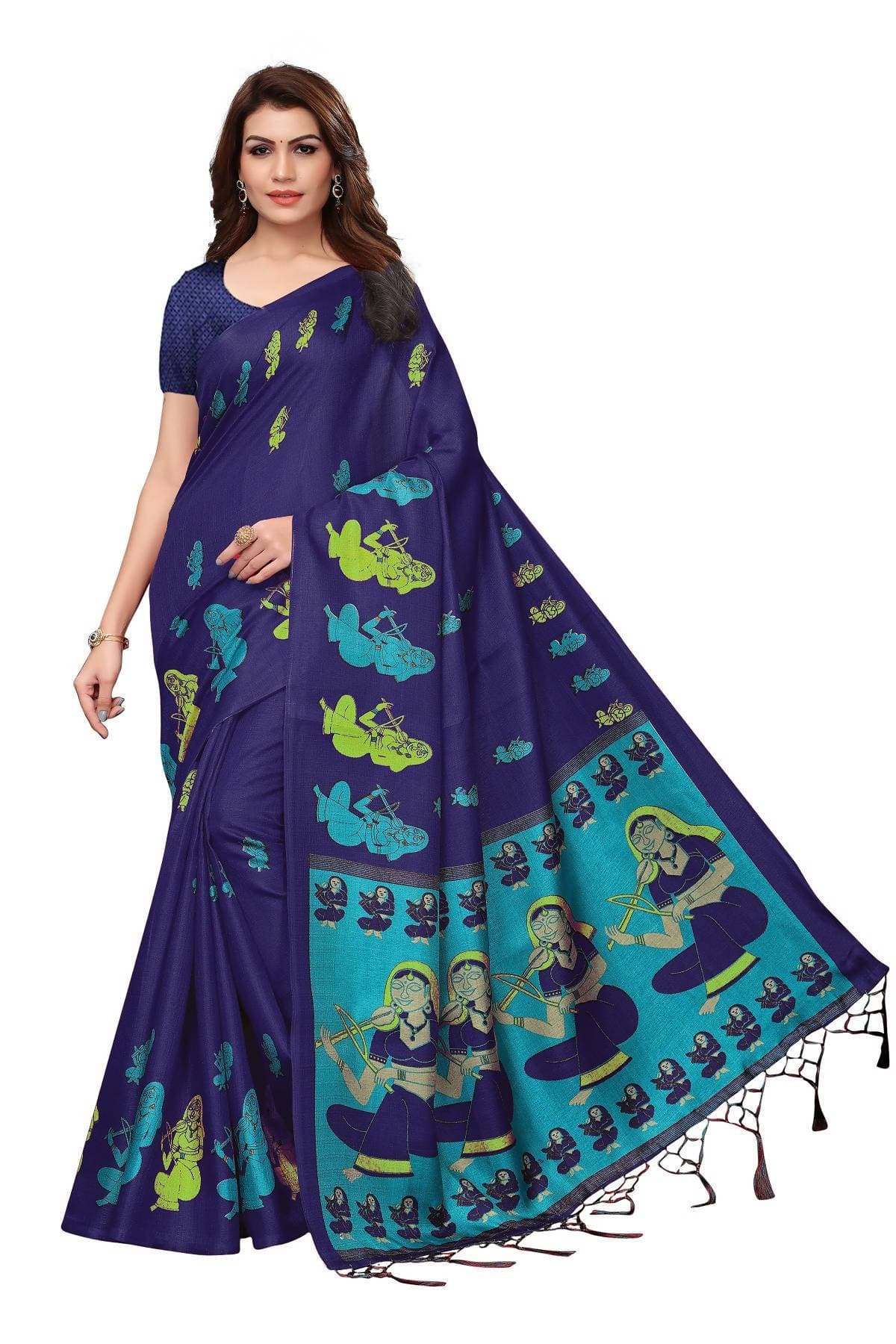 Vamika Navy Blue Kalamkari With Jhalar Khadi Silk Saree | Grab2Buy