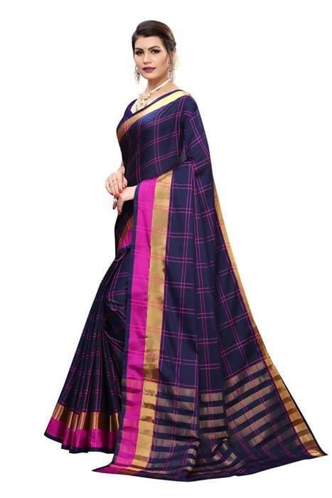 Vamika Navy Cotton Silk Weaving Saree (Rimi Checks Navy) | Grab2Buy