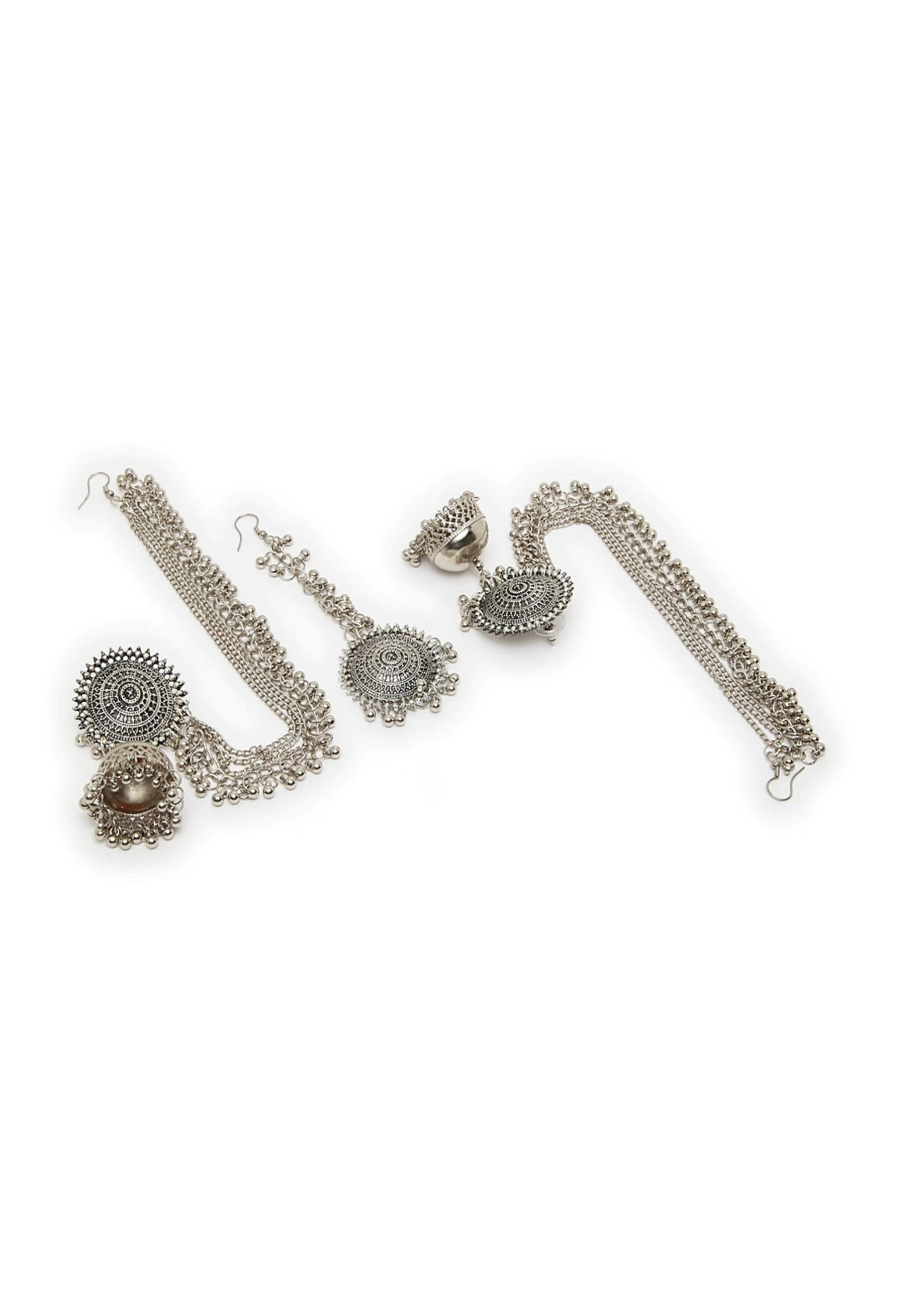 Mominos Fashion Johar Kamal Bahubali Silver Colour Earrings With Tikka | Grab2Buy