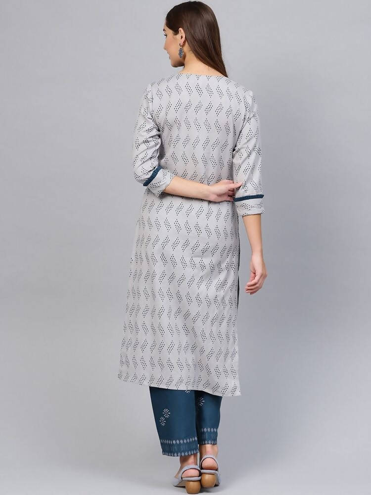 Yufta Women Grey & Navy Printed Kurta with Trouser | Grab2Buy