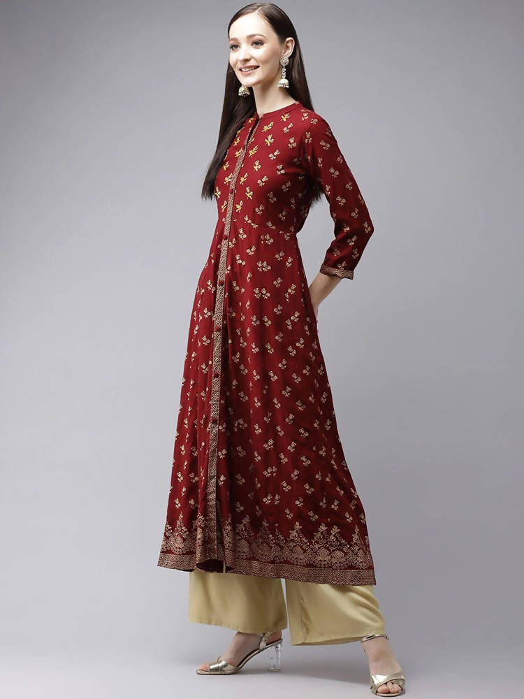 Yufta Women Maroon & Gold Floral Printed Kurta | Grab2Buy